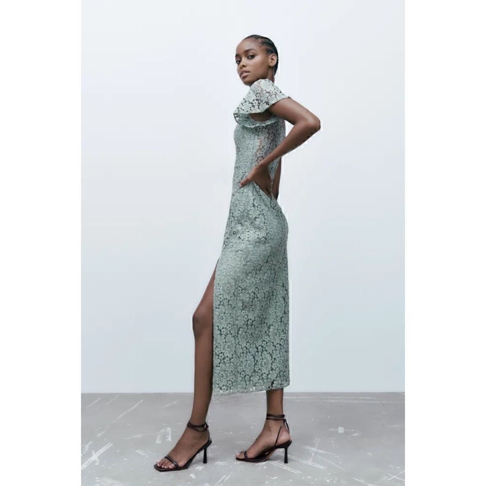 NWT Zara Green Lace V-Neck Short Sleeve Front Slit Hem Midi Dress, Size Small - Picture 3 of 16